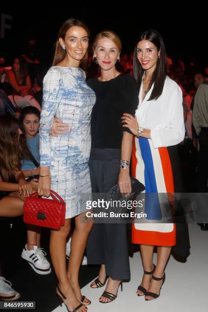 Pinar Tezcan, Elif Brav Misirli and Ahu Yagtu are seen during Mercedes-Benz Istanbul Fashion Week September 2017 at Zorlu Center on September 13,...