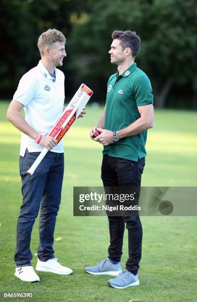 England cricketers Joe Root and James Anderson pose for pictures during the Brut T20 Cricket match betweenTeam Jimmy and Team Joe at Worksop College...