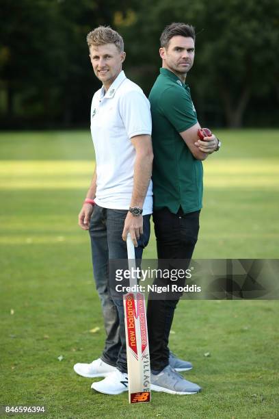 England cricketers Joe Root and James Anderson pose for pictures during the Brut T20 Cricket match betweenTeam Jimmy and Team Joe at Worksop College...