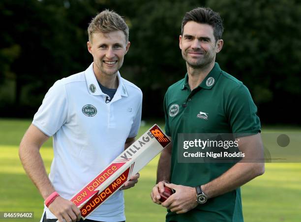 England cricketers Joe Root and James Anderson pose for pictures during the Brut T20 Cricket match betweenTeam Jimmy and Team Joe at Worksop College...