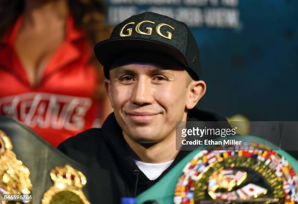 And IBF middleweight champion Gennady Golovkin attends a news conference at MGM Grand Hotel & Casino on September 12, 2017 in Las Vegas, Nevada....