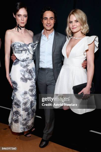 Model Coco Rocha designer Zac Posen and actress Jennifer Morrison pose backstage for the Marchesa fashion show during New York Fashion Week: The...