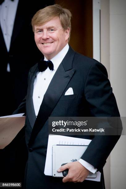 King Willem-Alexander of The Netherlands arrives at Noordeinde Palace for the gala in honor of the Raad van State Council on September 13, 2017 in...