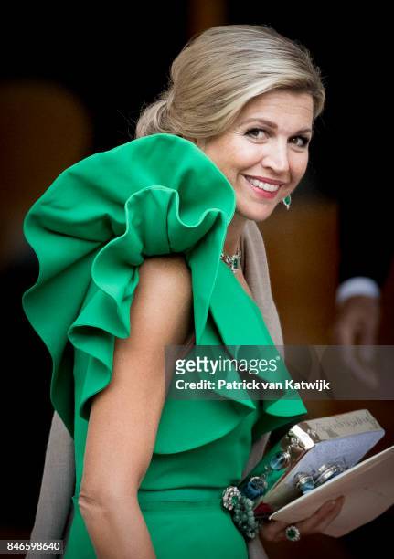 Queen Maxima of The Netherlands arrives at Noordeinde Palace for the gala in honor of the Raad van State Council on September 13, 2017 in The Hague,...