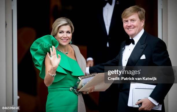 King Willem-Alexander of The Netherlands and Queen Maxima of The Netherlands arrive at Noordeinde Palace for the gala in honor of the Raad van State...