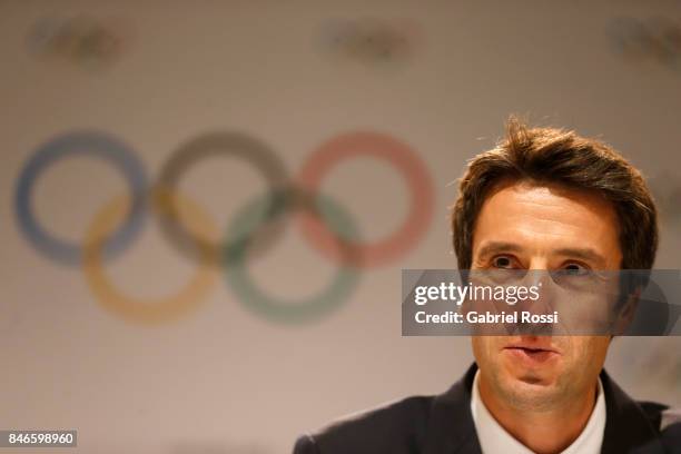 Paris 2024 Bid Co-Chair and 3-time Olympic Champion Tony Estanguet looks on during a Paris 2024 press conference 131th IOC Session - 2024 & 2028...