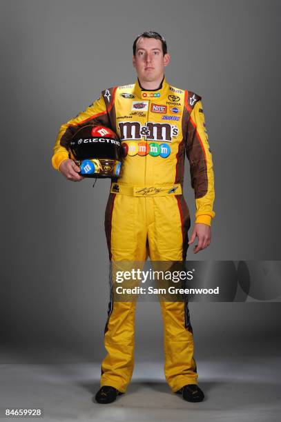 Kyle Busch, driver of the M&M's Toyota, poses during NASCAR media day at Daytona International Speedway on February 5, 2009 in Daytona, Florida.