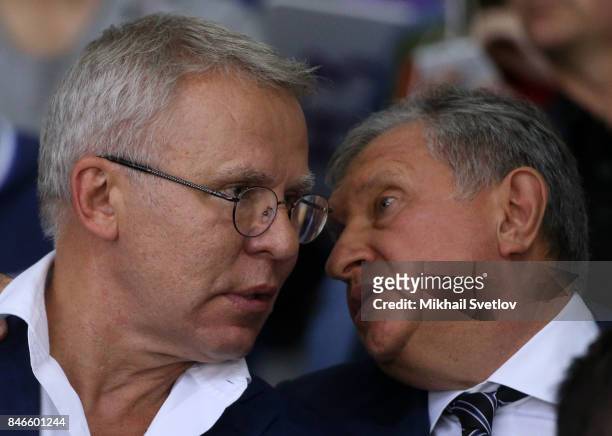 Russian businessman, Rosneft's President Igor Sechin talks to former NHL player Vyacheslav Fetisov, also known as Slava Fetisov while visiting a...