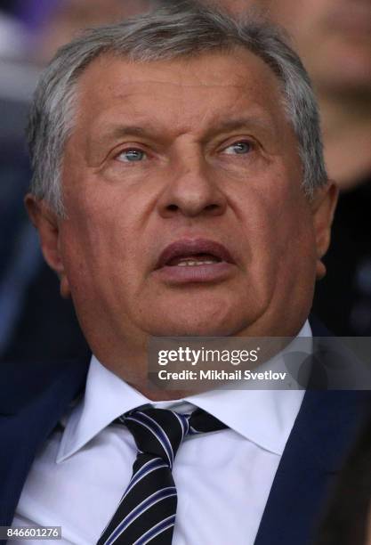 Russian businessman, Rosneft's President Igor Sechin is seen while visiting a children's ice hockey match at the Shayba Arena on September 13, 2017...