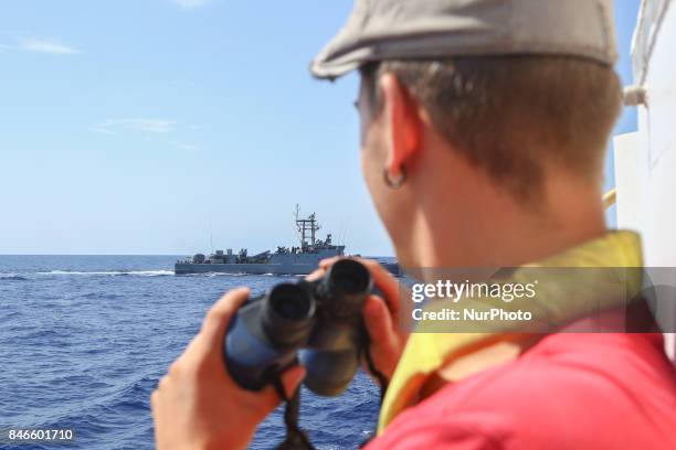 September 05: A crewmember from the German NGO Sea-Eye discovered a Tunesian War Ship at the horizont on the Mediterranean Sea during a patrol tour...