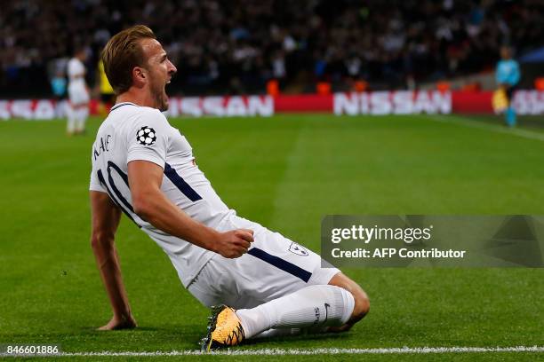 Tottenham Hotspur's English striker Harry Kane celebrates after scoring their second goal during the UEFA Champions League Group H football match...