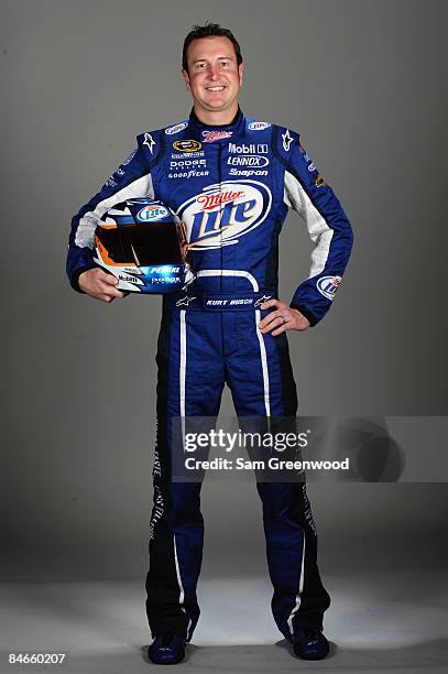 Kurt Busch, driver of the Miller Lite Dodge, poses during NASCAR media day at Daytona International Speedway on February 5, 2009 in Daytona, Florida.