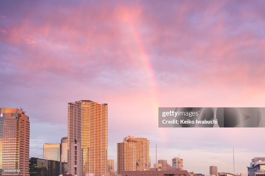 Tokyo cityscape with rainbow