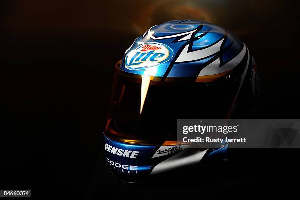 The helmet of Kurt Busch, driver of the Miller Lite Dodge, during NASCAR media day at Daytona International Speedway on February 5, 2009 in Daytona,...