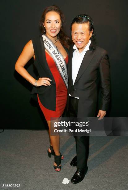 Miss Maryland USA, Adrianna David, and designer Zang Toi pose backstage at the Zang Toi fashion show during New York Fashion Week: The Shows at...