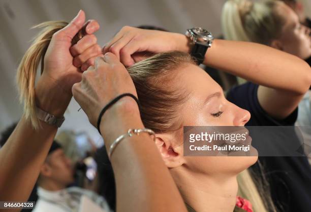 Model gets ready backstage at the Zang Toi fashion show during New York Fashion Week: The Shows at Gallery 3, Skylight Clarkson Sq on September 13,...