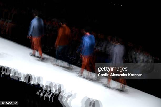Models walk the runway at the Giovane Gentile show during Mercedes-Benz Istanbul Fashion Week September 2017 at Zorlu Center on September 13, 2017 in...