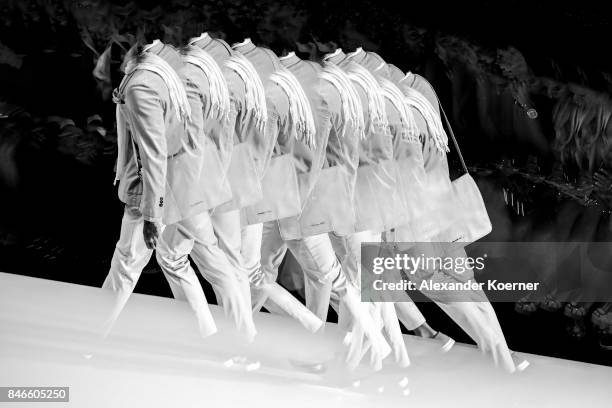 Model walks the runway at the Giovane Gentile show during Mercedes-Benz Istanbul Fashion Week September 2017 at Zorlu Center on September 13, 2017 in...