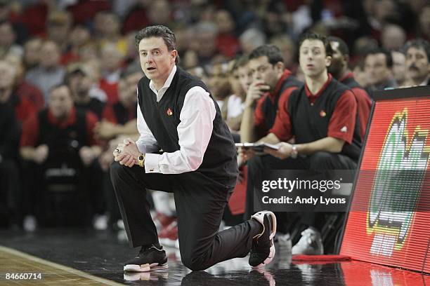 Head coach Rick Pitino of the Louisville Cardinals looks on against the West Virginia Mountaineers during the Big East Conference game on January 31,...