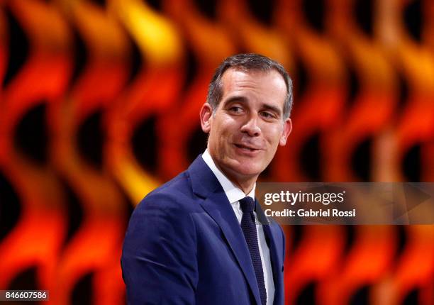 Los Angeles Mayor Eric Garcetti looks on during the131th IOC Session - 2024 & 2028 Olympics Hosts Announcement at Lima Convention Centre on September...