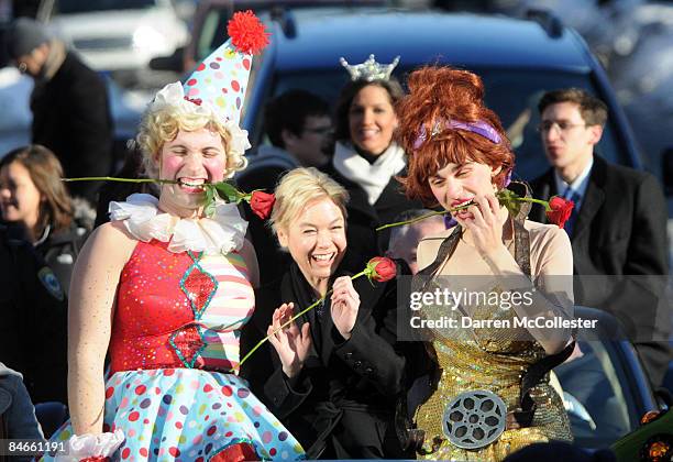 Renee Zellweger is paraded through the streets of Harvard Square flanked by Harvard students Tom Compton and David Andersson Feburary 5, 2009 during...