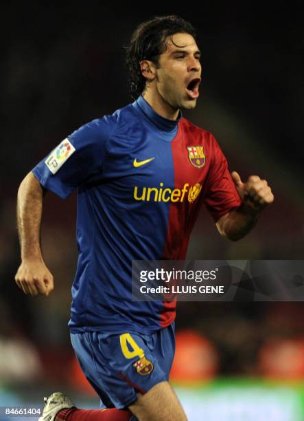 Barcelona's Mexican defender Rafael Márquez celebrates after scoring during the Spanish Kings Cup semi-final match Barcelona vs Mallorca at the Camp...