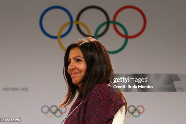 Paris Mayor Anne Hidalgo looks on during a joint press conference between IOC, Paris 2024 and LA2028 during the131th IOC Session - 2024 & 2028...