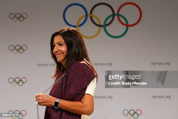 Paris Mayor Anne Hidalgo looks on during a joint press conference between IOC, Paris 2024 and LA2028 during the131th IOC Session - 2024 & 2028...