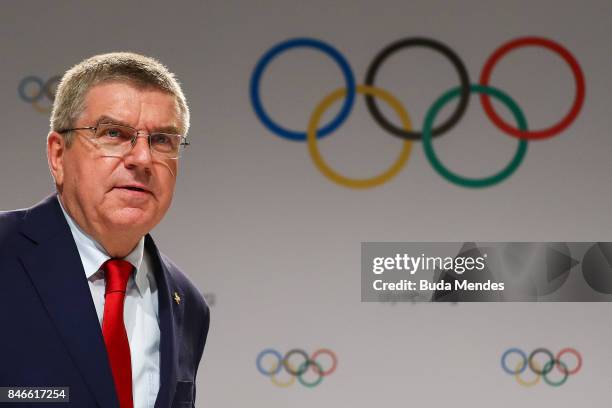 President Thomas Bach talks to the press during a joint press conference between IOC, Paris 2024 and LA2028 during the131th IOC Session - 2024 & 2028...