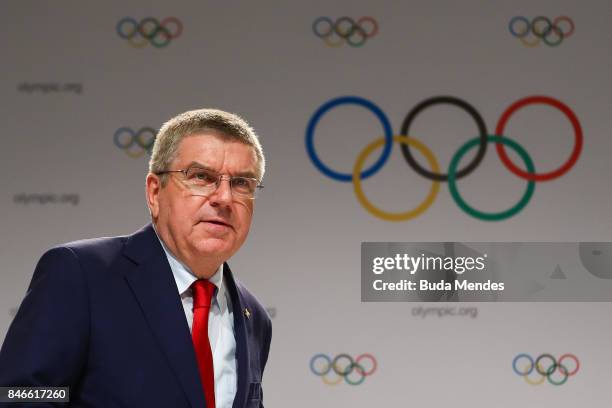 President Thomas Bach talks to the press during a joint press conference between IOC, Paris 2024 and LA2028 during the131th IOC Session - 2024 & 2028...