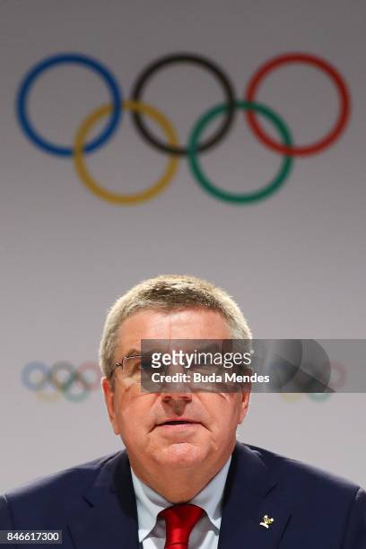 President Thomas Bach talks to the press during a joint press conference between IOC, Paris 2024 and LA2028 during the131th IOC Session - 2024 & 2028...