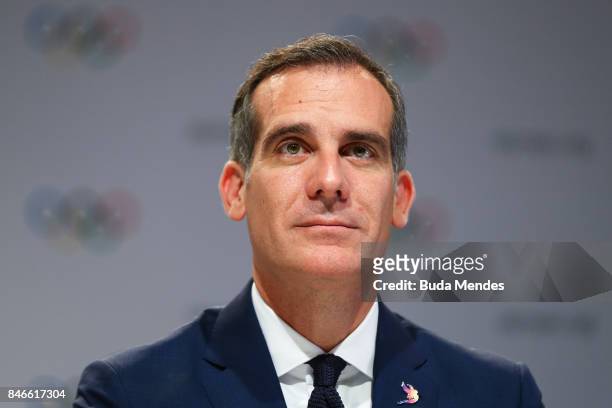 Mayor Eric Garrett looks on answers questions to media during a joint press conference between IOC, Paris 2024 and LA2028 during the131th IOC Session...