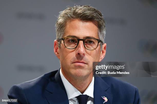 Chairman of Los Angeles 2028 Casey Wasserman answers questions to media during a joint press conference between IOC, Paris 2024 and LA2028 during...