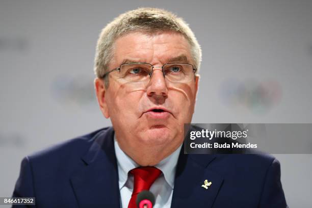 President Thomas Bach talks to the press during a joint press conference between IOC, Paris 2024 and LA2028 during the131th IOC Session - 2024 & 2028...