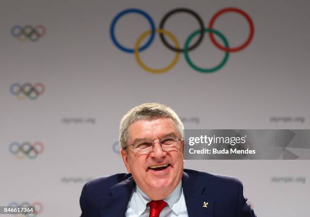 President Thomas Bach laughs during a joint press conference between IOC, Paris 2024 and LA2028 during the131th IOC Session - 2024 & 2028 Olympics...