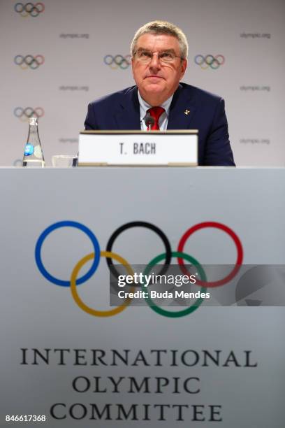 President Thomas Bach talks to the press during a joint press conference between IOC, Paris 2024 and LA2028 during the131th IOC Session - 2024 & 2028...