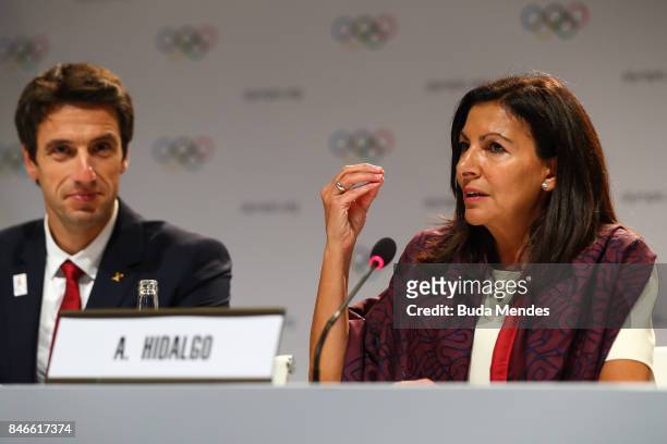 During a joint press conference between IOC, Paris 2024 and LA2028 during the131th IOC Session - 2024 & 2028 Olympics Hosts Announcement at Lima...