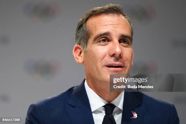 Los Angeles Mayor Eric Garcetti talks to media during a joint press conference between IOC, Paris 2024 and LA2028 during the131th IOC Session - 2024...