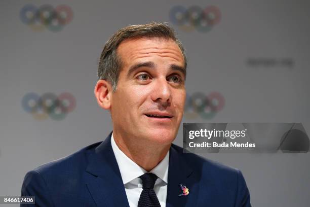 Los Angeles Mayor Eric Garcetti talks to media during a joint press conference between IOC, Paris 2024 and LA2028 during the131th IOC Session - 2024...