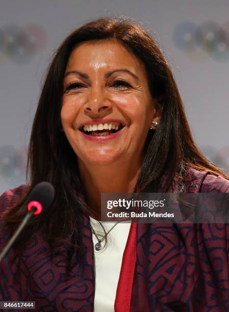 Paris mayor Anne Hidalgo answers questions to media during a joint press conference between IOC, Paris 2024 and LA2028 during the131th IOC Session -...