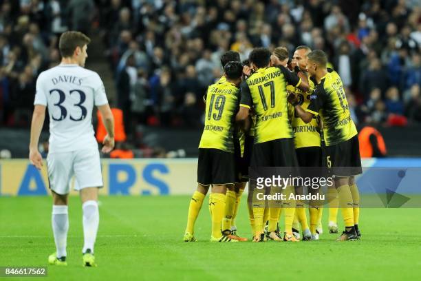 Andrey Yarmolenko of Dortmund celebrates with his team mates after scoring his team`s first goal during the UEFA Champions League group H match...