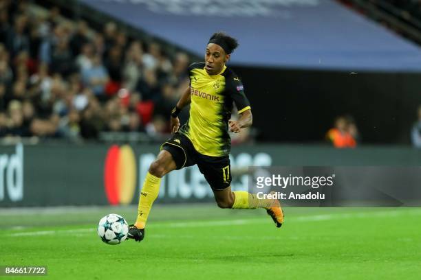 Pierre-Emerick Aubameyang of Dortmund in action during the UEFA Champions League group H match between Tottenham Hotspur and Borussia Dortmund at...