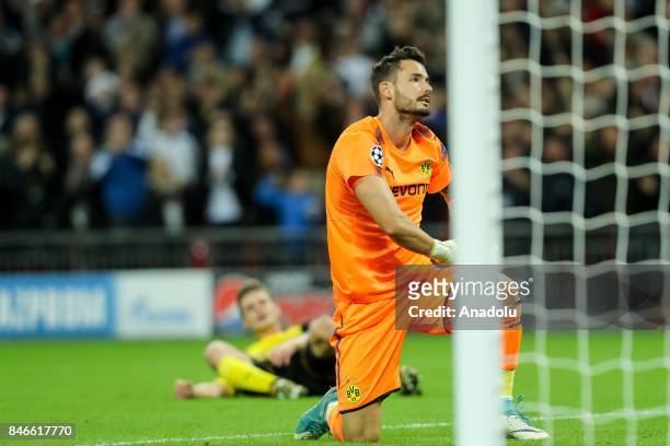 Goalkeeper Roman Buerki gestures during the UEFA Champions League group H match between Tottenham Hotspur and Borussia Dortmund at Wembley-Stadion on...