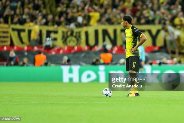 Pierre-Emerick Aubameyang of Dortmund gestures during the UEFA Champions League group H match between Tottenham Hotspur and Borussia Dortmund at...