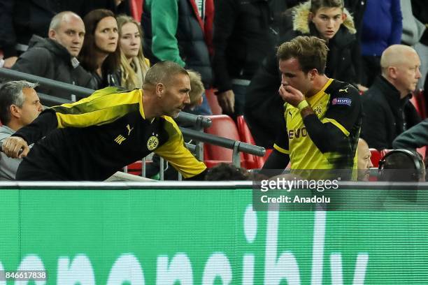 Mario Goetze of Dortmund injured during the UEFA Champions League group H match between Tottenham Hotspur and Borussia Dortmund at Wembley-Stadion on...