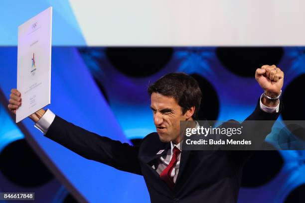 Paris 2024 Bid Co-Chair and 3-time Olympic Champion Tony Estanguet shows his happiness during a joint press conference between IOC, Paris 2024 and...