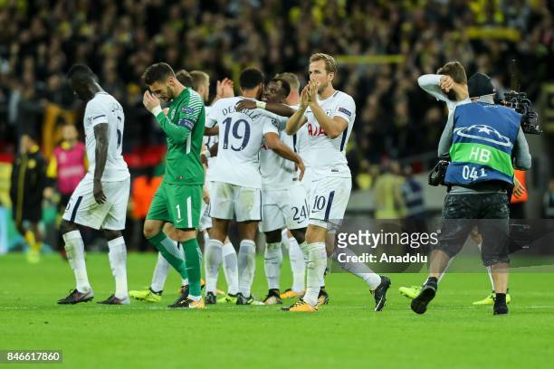Players of Tottenham celebrate their win after the UEFA Champions League group H match between Tottenham Hotspur and Borussia Dortmund at...