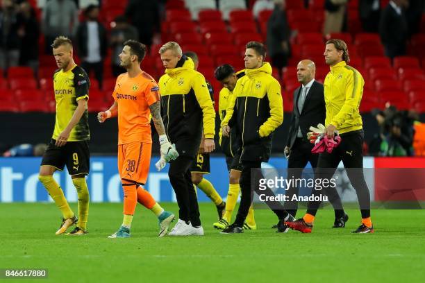 Players of Dortmund gesture after the UEFA Champions League group H match between Tottenham Hotspur and Borussia Dortmund at Wembley-Stadion on...