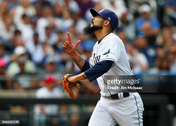 Sergio Romo of the Tampa Bay Rays reacts after the eighth inning against the New York Yankees at Citi Field on September 13, 2017 in the Flushing...