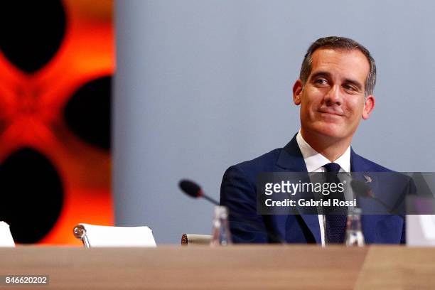 Los Angeles Mayor Eric Garcetti looks on during the 131th IOC Session - 2024 & 2028 Olympics Hosts Announcement at Lima Convention Centre on...